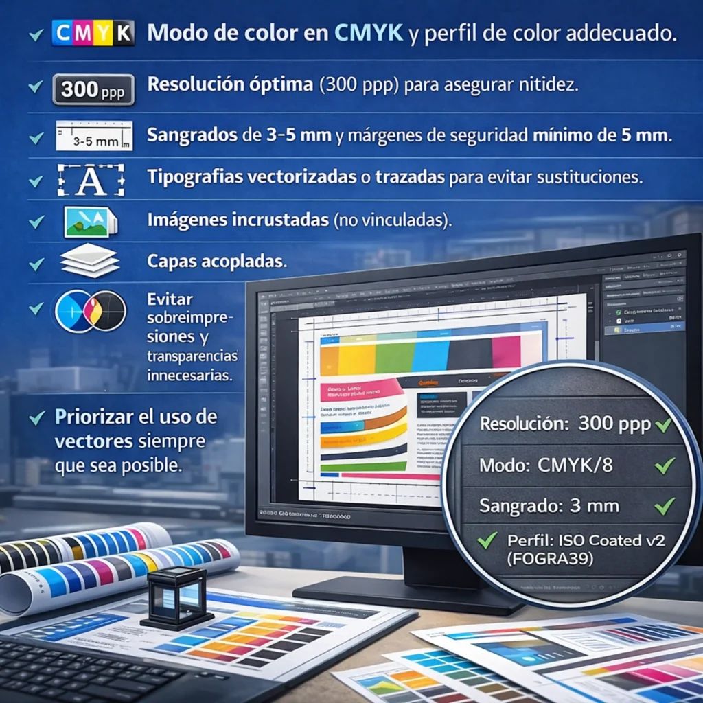 Configuración correcta de un archivo para imprenta con modo CMYK, resolución de 300 ppp y sangrados