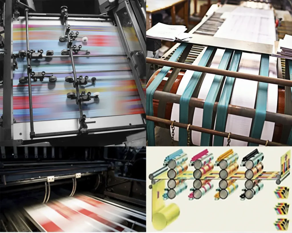 Proceso de impresión offset con paso del papel por los cuerpos de color