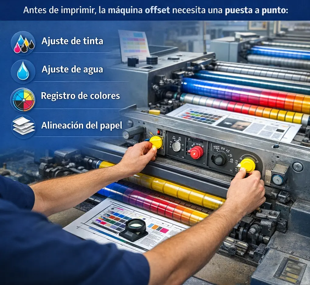Operario ajustando tinta y registro en una máquina offset durante la puesta a punto de impresión