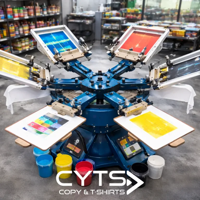 Impresión de camisetas mediante serigrafía textil en carrusel multicolor