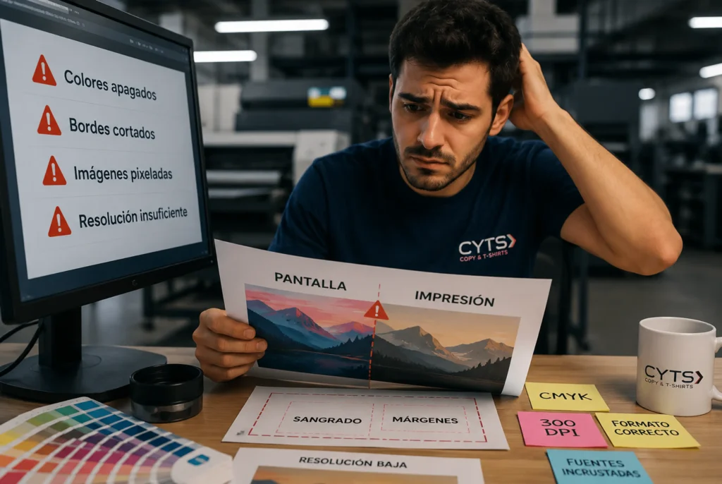 Diseñador revisando errores habituales de impresión como baja resolución, colores apagados y bordes cortados