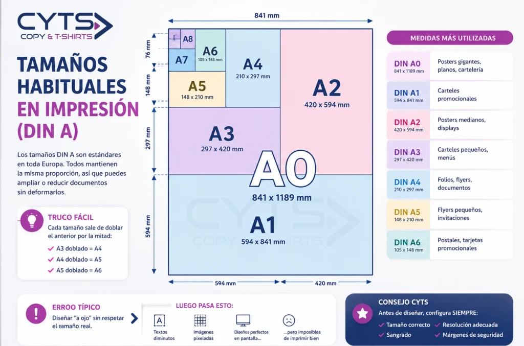 Guía visual de tamaños DIN A utilizados en imprenta y diseño gráfico