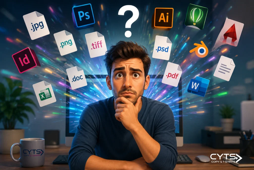 Diseñador confundido con distintos formatos de archivo y programas de diseño gráfico alrededor de un ordenador