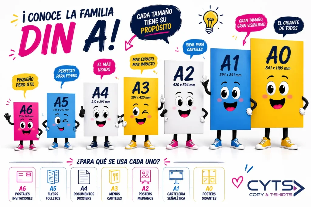 Infografía sobre tamaños de papel DIN A y sus usos en imprenta